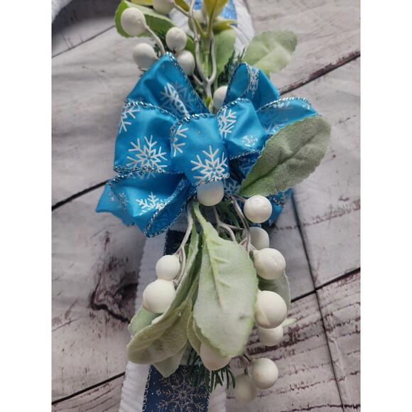 Blue Snowflake Candycane Wreath Handmade With Green Embelishment READ - Picture 2 of 8